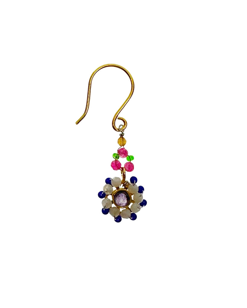 Boucles D'oreilles Clip Vintage - Forme Insecte En Laiton Doré Avec Pierre En Verre Bleu - Occasion