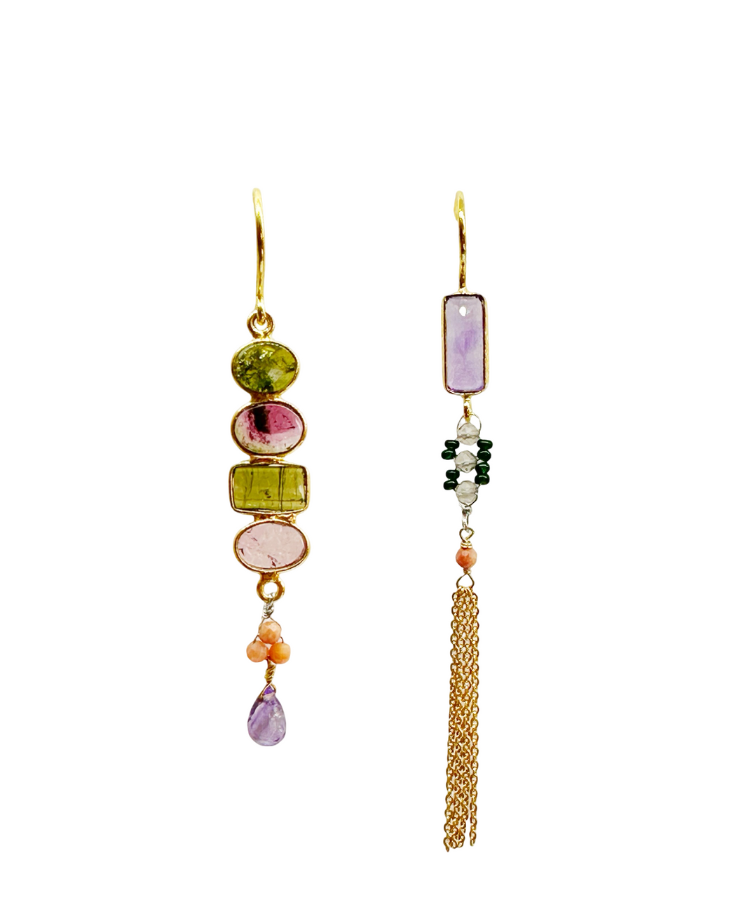 Boucles d’oreille asymétriques en laiton doré et Pierre Semi-Précieuse D8
